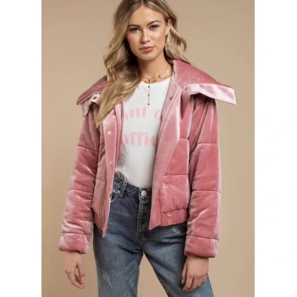 Finders Keepers Dusty Pink Velvet Romano Zipper & Snap Closure Puffer Jacket S